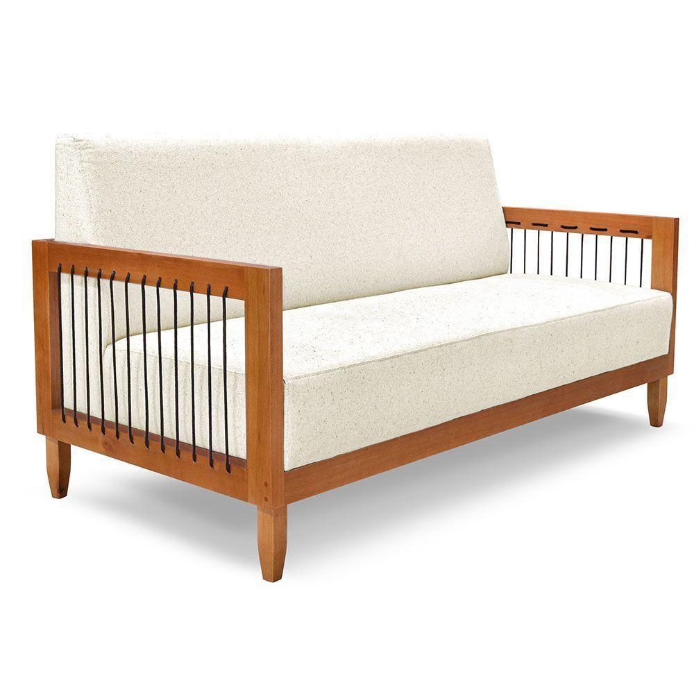 Kit Poltrona E Sofá Living 2 Lugares Marilia 1,60m Linho Base Em Madeira Castanho - Pallazio Cor Natural - 8