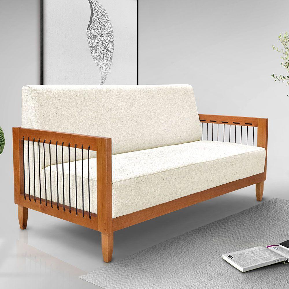 Kit Poltrona E Sofá Living 2 Lugares Marilia 1,60m Linho Base Em Madeira Castanho - Pallazio Cor Natural - 10