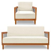 Kit Poltrona E Sofá Living 2 Lugares Marilia 1,60m Linho Base Em Madeira Castanho - Pallazio Cor Natural - 1