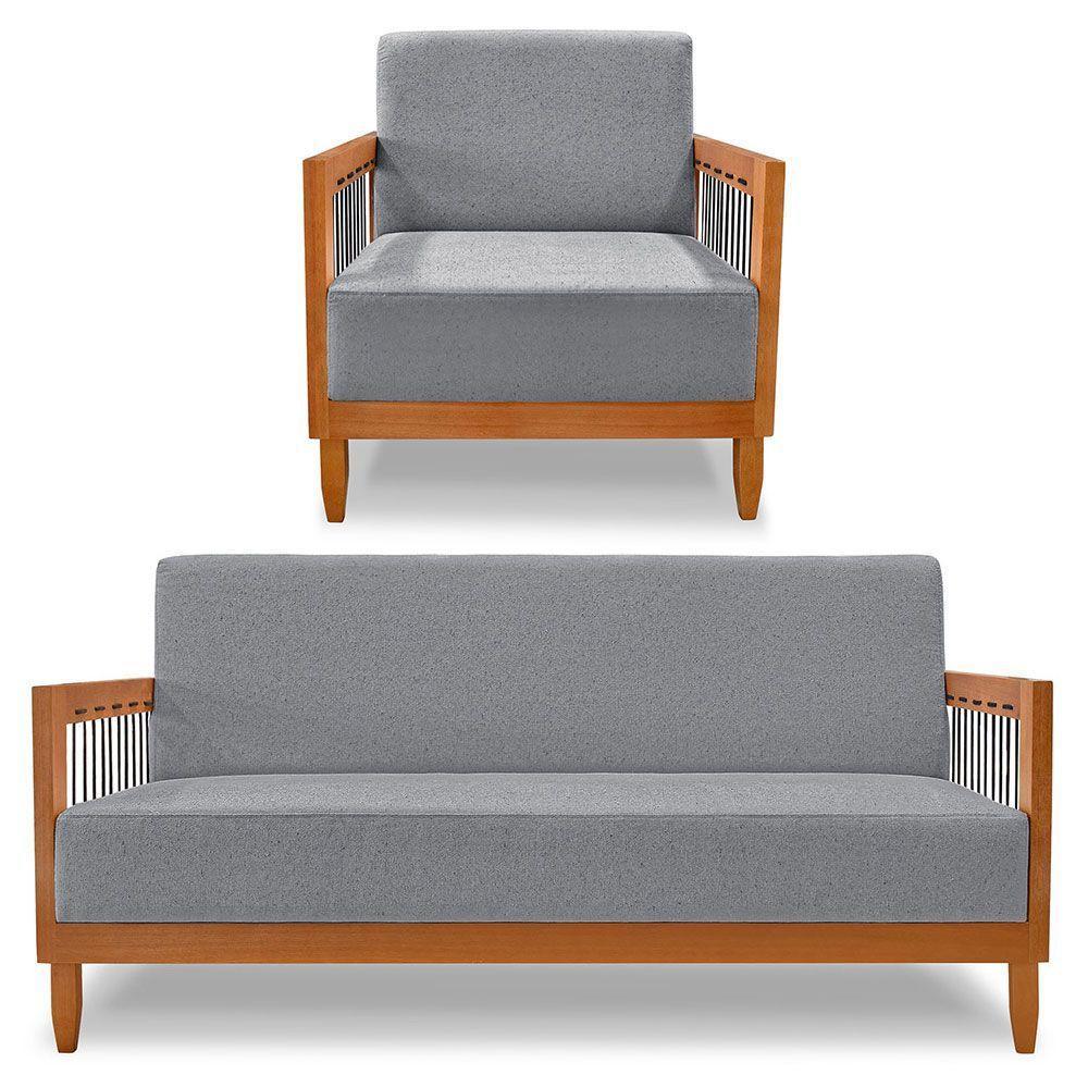 Kit Poltrona E Sofá Living 2 Lugares Marilia 1,60m Linho Grafite Base Em Madeira Castanho - Pallazio - 1