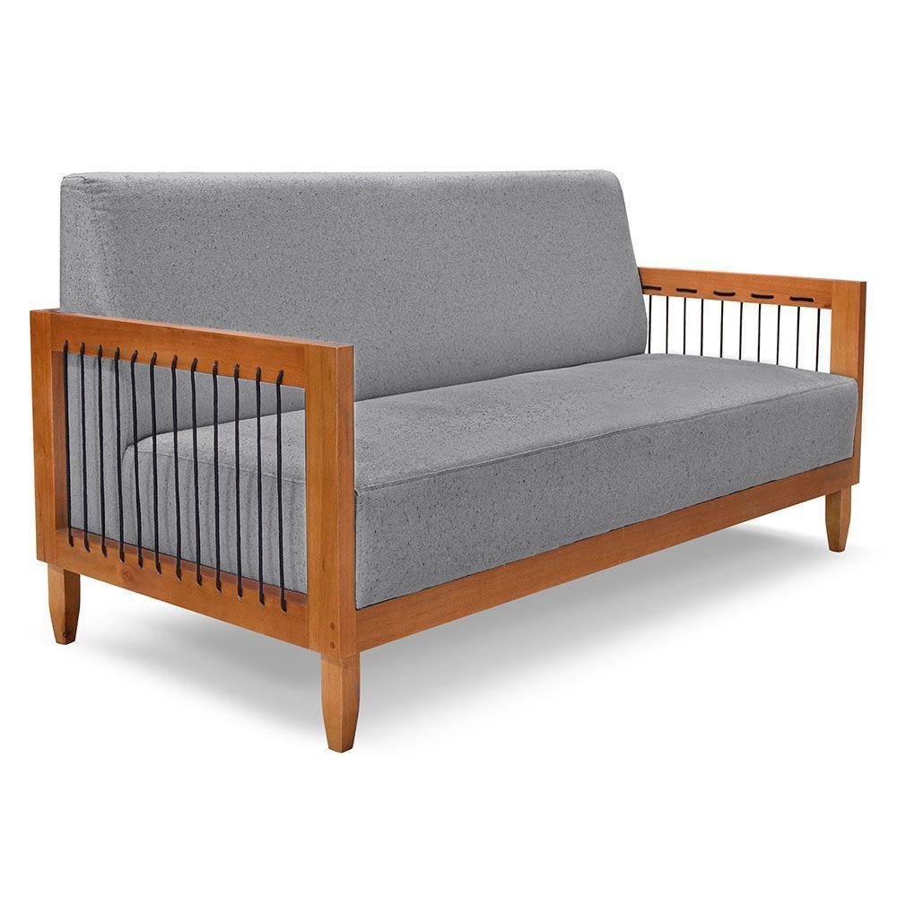 Kit Poltrona E Sofá Living 2 Lugares Marilia 1,60m Linho Grafite Base Em Madeira Castanho - Pallazio - 6