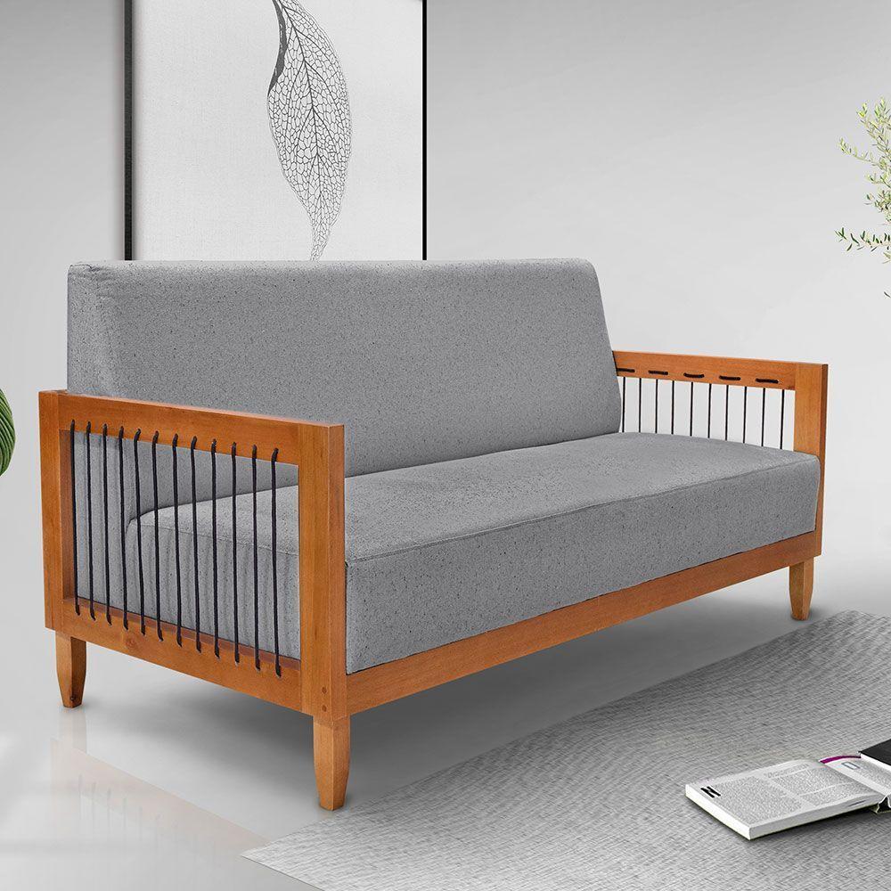 Kit Poltrona E Sofá Living 2 Lugares Marilia 1,60m Linho Grafite Base Em Madeira Castanho - Pallazio - 8