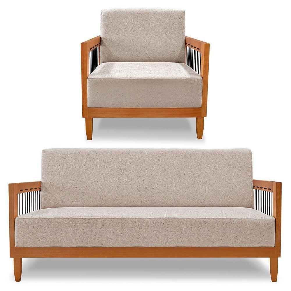 Kit Poltrona E Sofá Living 2 Lugares Marilia 1,60m Linho Base Em Madeira Castanho - Pallazio Cor Areia - 1