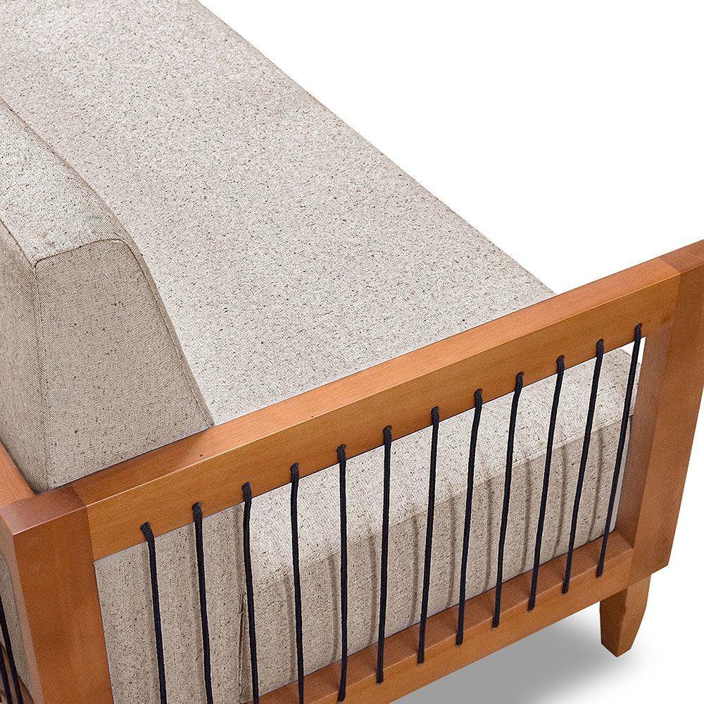 Kit Poltrona E Sofá Living 2 Lugares Marilia 1,60m Linho Base Em Madeira Castanho - Pallazio Cor Areia - 5