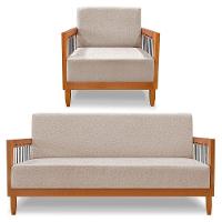 Kit Poltrona E Sofá Living 2 Lugares Marilia 1,60m Linho Base Em Madeira Castanho - Pallazio Cor Areia - 1