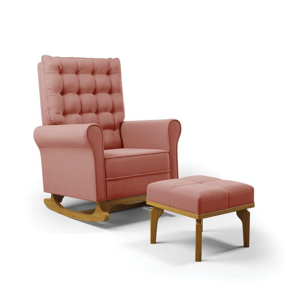 Poltrona De Amamentação Com Balanço E Puff Manu Veludo Rosê Ta120 Base De Madeira - D'rossi - 1