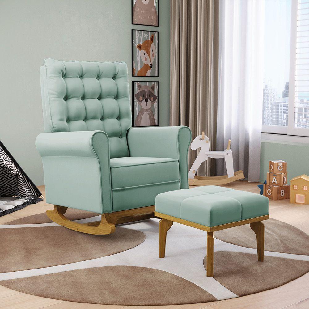 Poltrona De Amamentação Com Balanço E Puff Manu Veludo Verde Turquesa Tb112 Base De Madeira D'rossi - 9