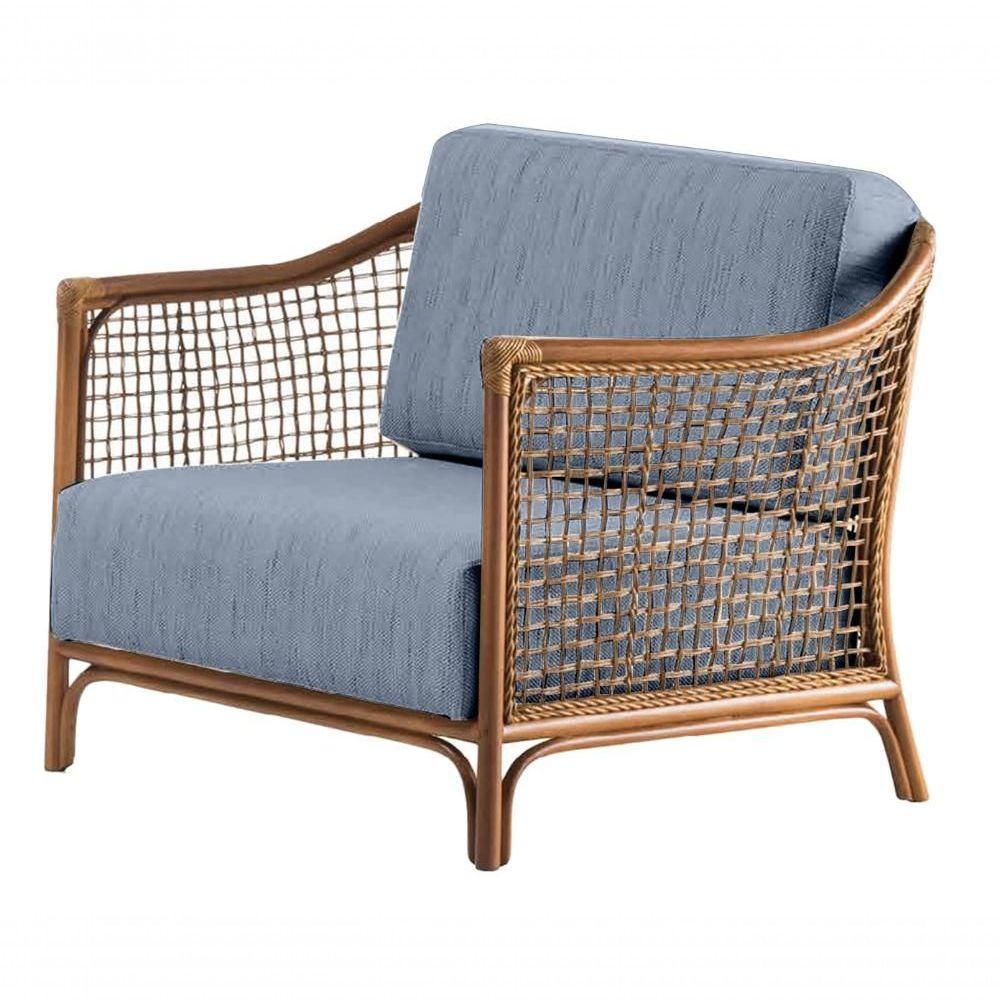 Poltrona Com Braço Oslen Algodão Azul Madeira Cedro Junco Natural Terracota - 1