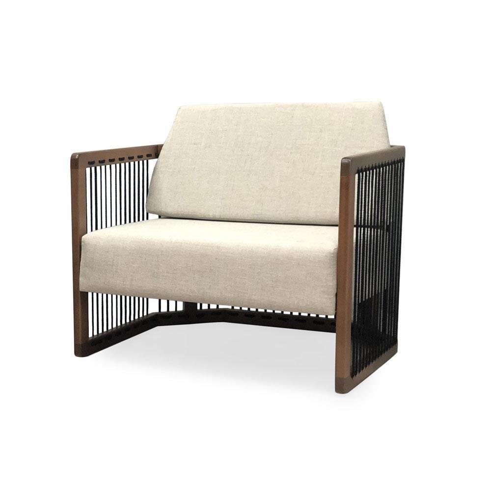 Poltrona Com Braço Mava Algodão Bege Madeira Cedro Corda Plana Poliéster Preta - 1