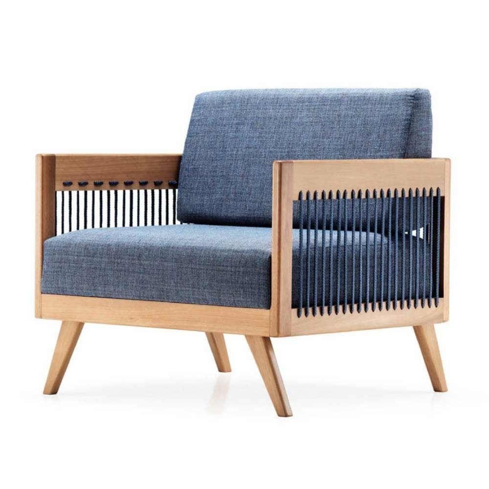 Poltrona Com Braço Saibi Algodão Azul Madeira Cedro Corda Plana Poliéster Azul - 1