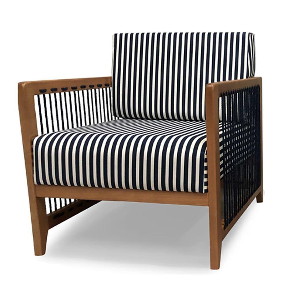 Poltrona Com Braço Luck Algodão Impermeável Azul E Branco Madeira Cedro Corda Plana Poliéster Azul - 1