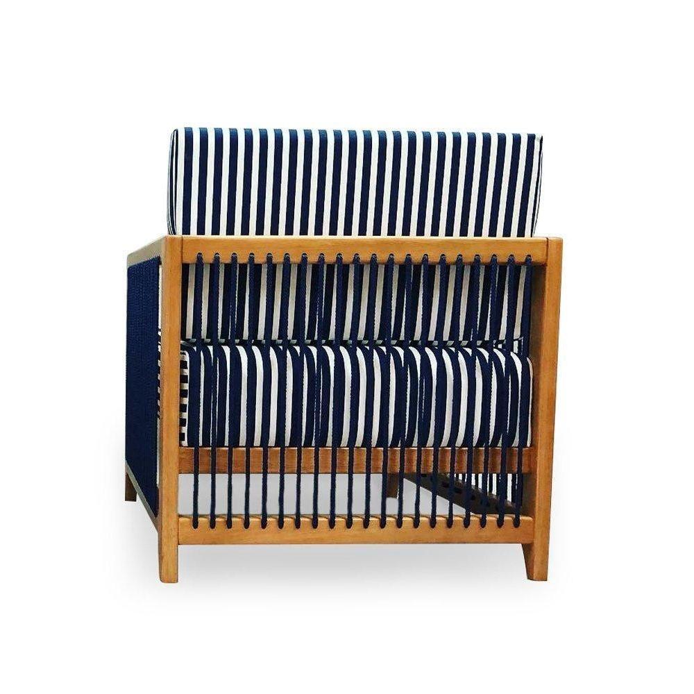 Poltrona Com Braço Luck Algodão Impermeável Azul E Branco Madeira Cedro Corda Plana Poliéster Azul - 3