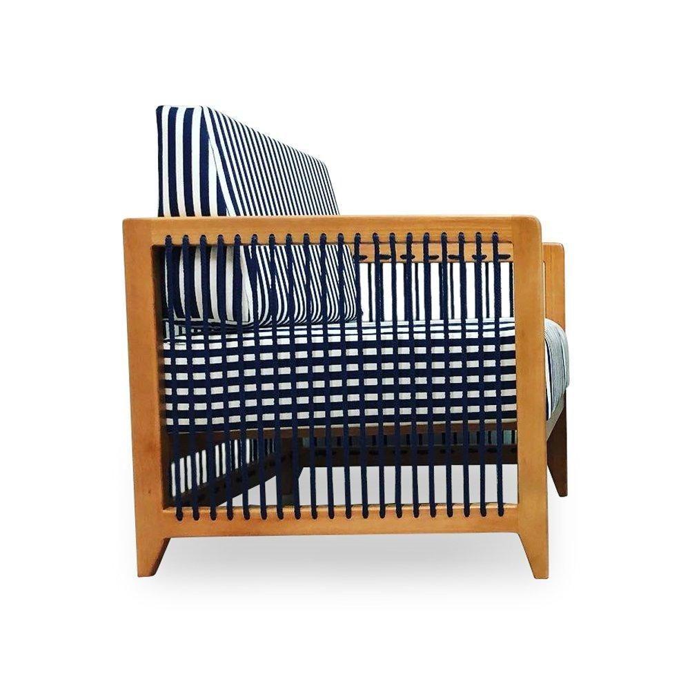 Poltrona Com Braço Luck Algodão Impermeável Azul E Branco Madeira Cedro Corda Plana Poliéster Azul - 10