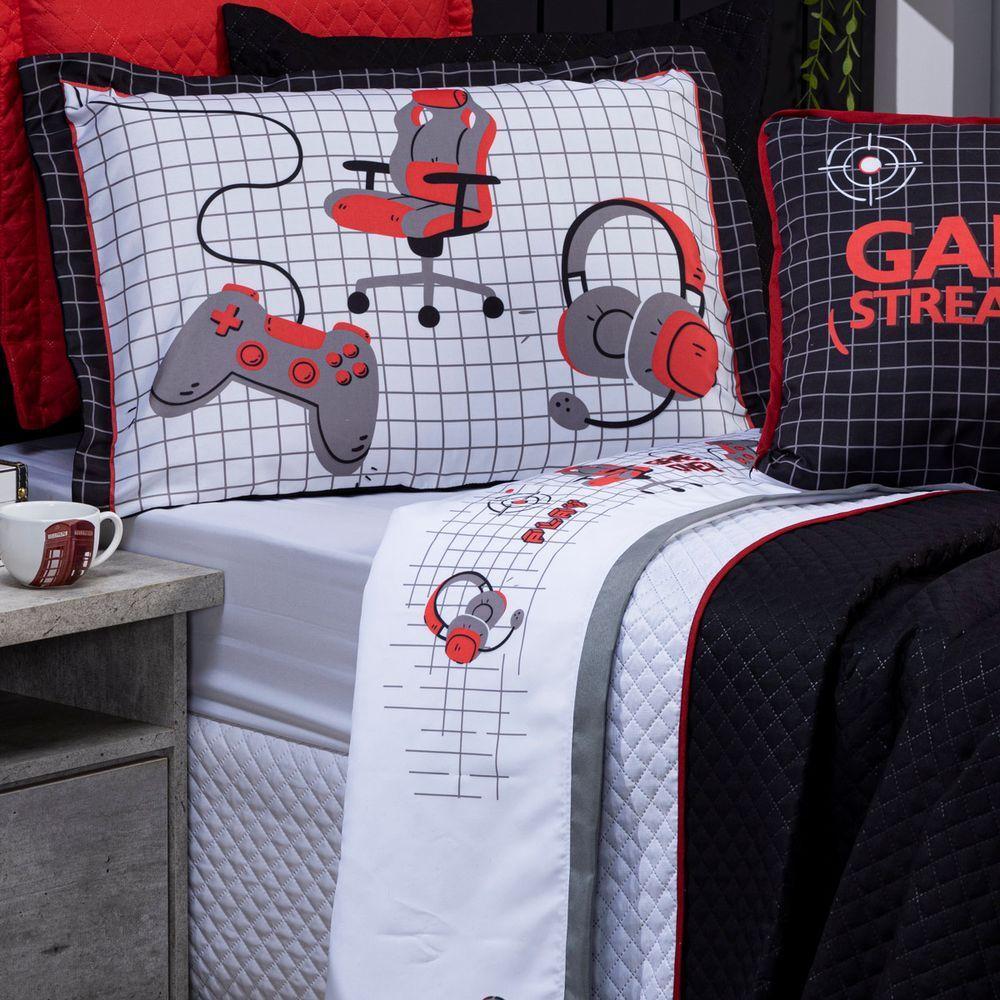 Jogo De Cama Game Streamer Branco/Vermelho Queen 04 Peças - 2