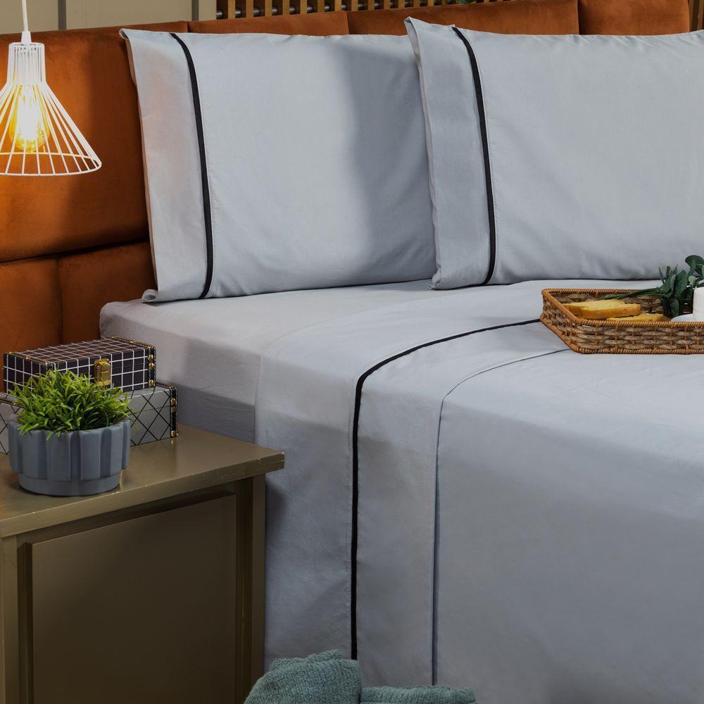 Jogo De Cama Casal Padrão 04 Peças C/ Viés Cor Cinza - 3