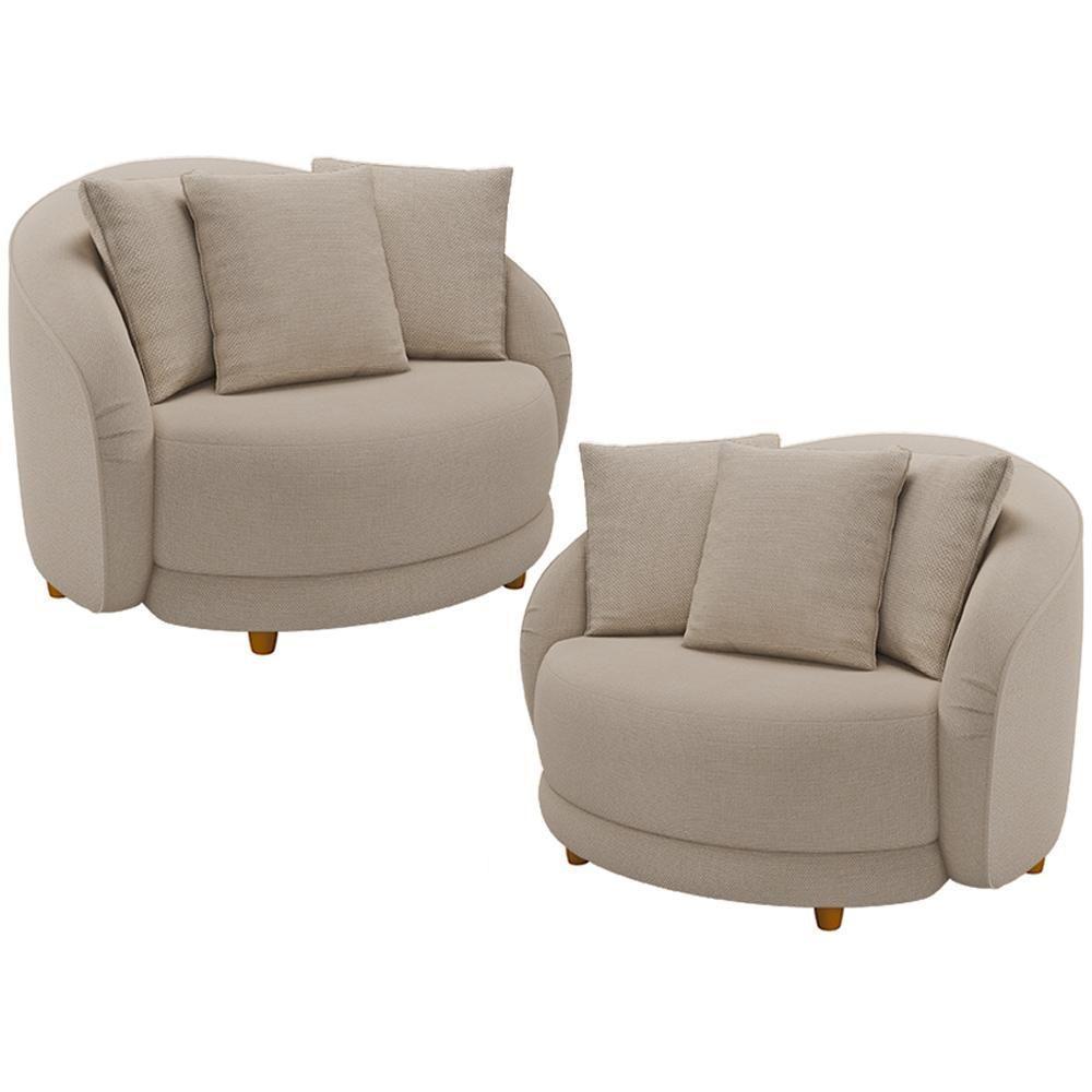 Kit 02 Poltronas Decorativa Sala De Estar Base Fixa De Madeira Witta M03 Linho Cru - 1