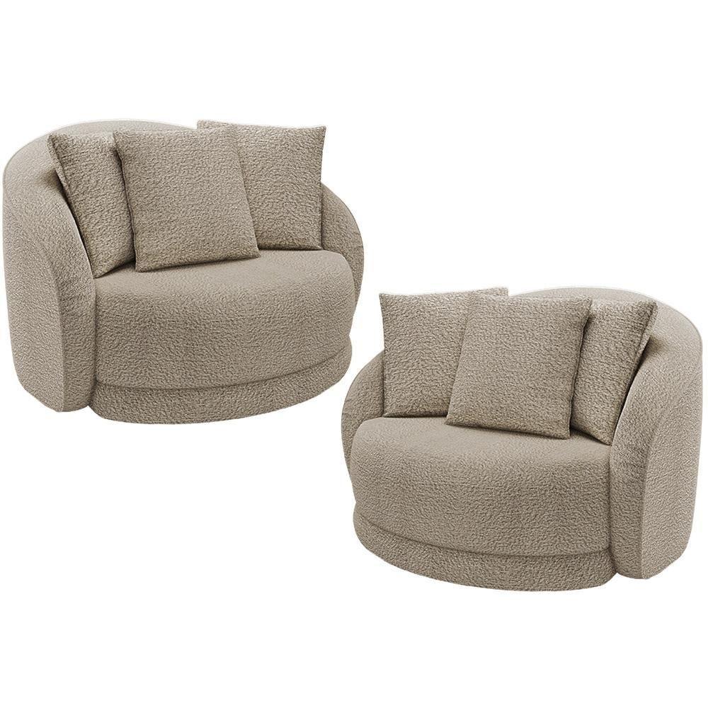 Kit 02 Poltronas Decorativa Para Sala De Estar Base Giratória Witta M03 Bouclê Bege - 1