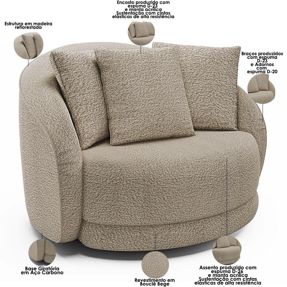 Kit 02 Poltronas Decorativa Para Sala De Estar Base Giratória Witta M03 Bouclê Bege - 2