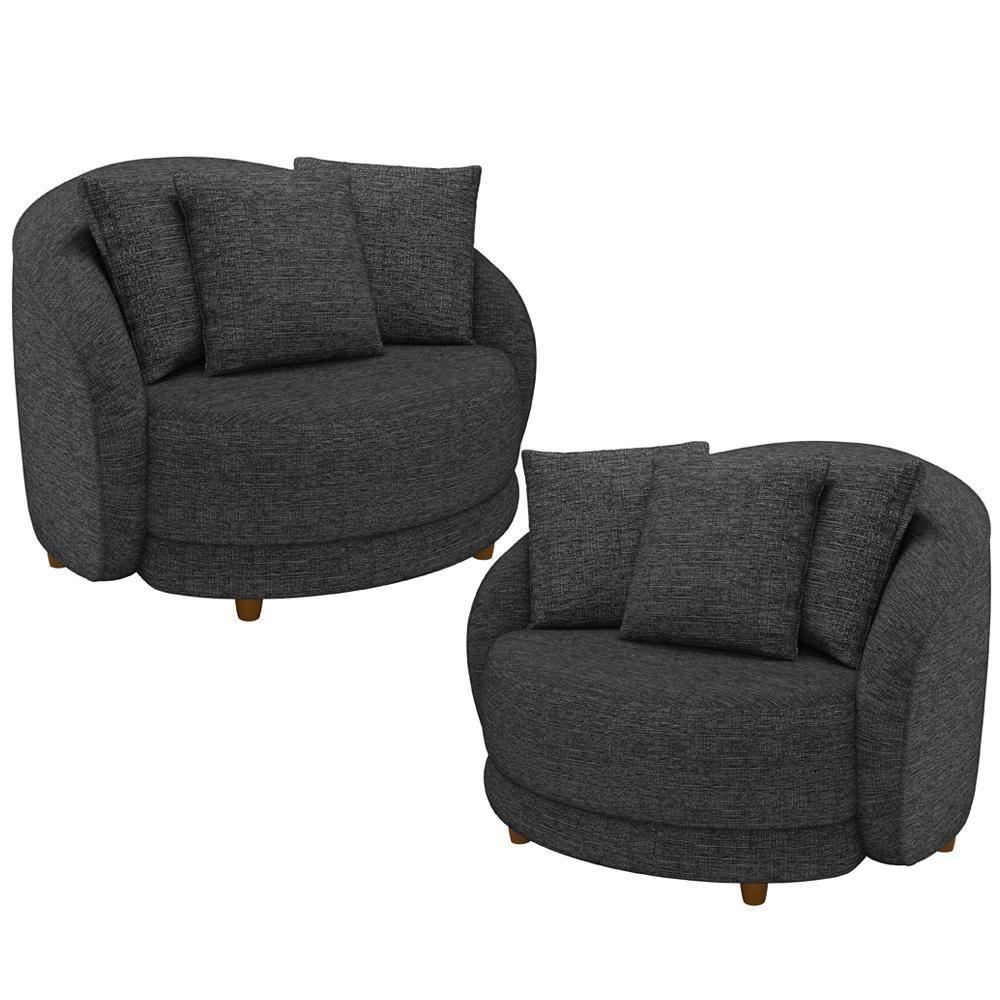 Kit 02 Poltronas Decorativa Sala De Estar Base Fixa De Madeira Witta M03 Linho Chumbo - 1