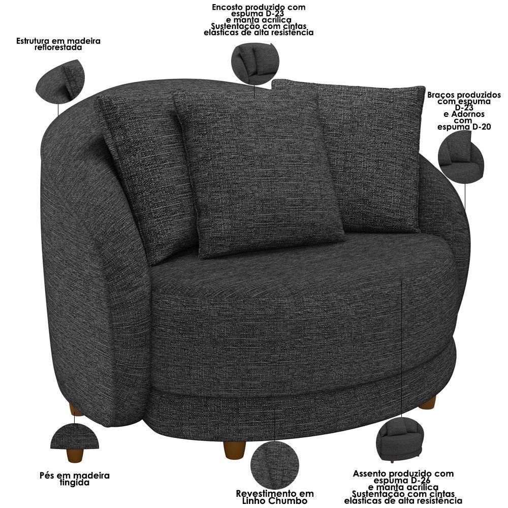 Kit 02 Poltronas Decorativa Sala De Estar Base Fixa De Madeira Witta M03 Linho Chumbo - 2