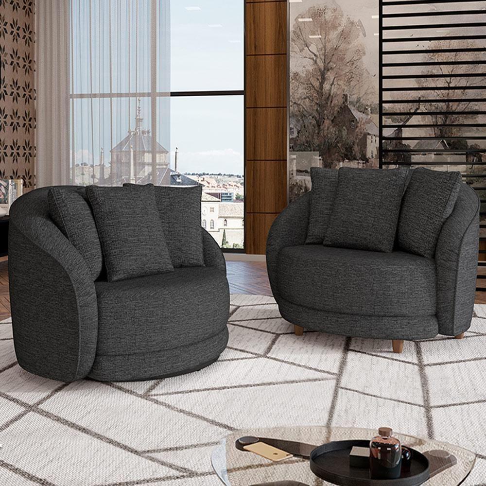 Kit 02 Poltronas Decorativa Sala De Estar Base Fixa De Madeira Witta M03 Linho Chumbo - 7