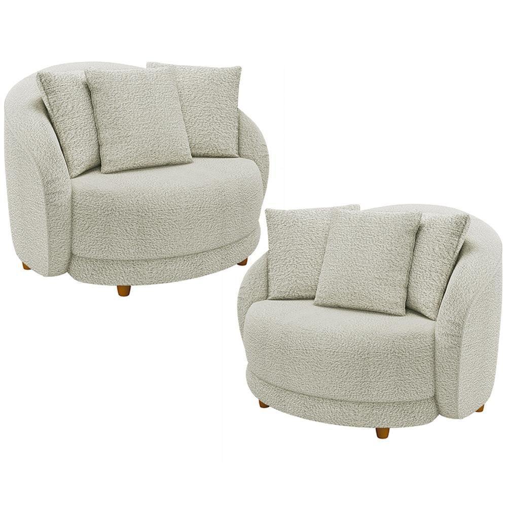 Kit 02 Poltronas Decorativa Sala De Estar Base Fixa De Madeira Witta M03 Bouclê Bege Claro - 1