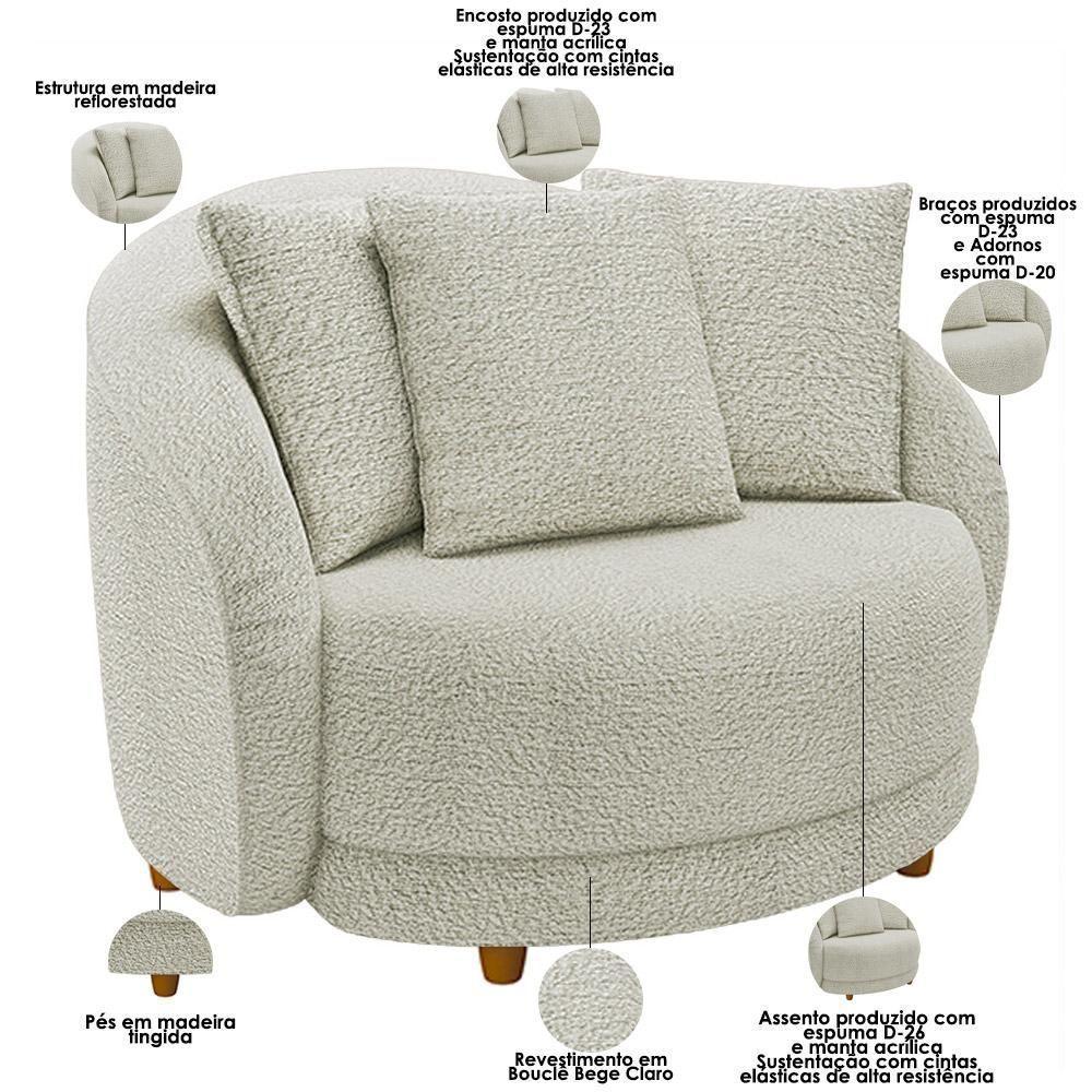 Kit 02 Poltronas Decorativa Sala De Estar Base Fixa De Madeira Witta M03 Bouclê Bege Claro - 6