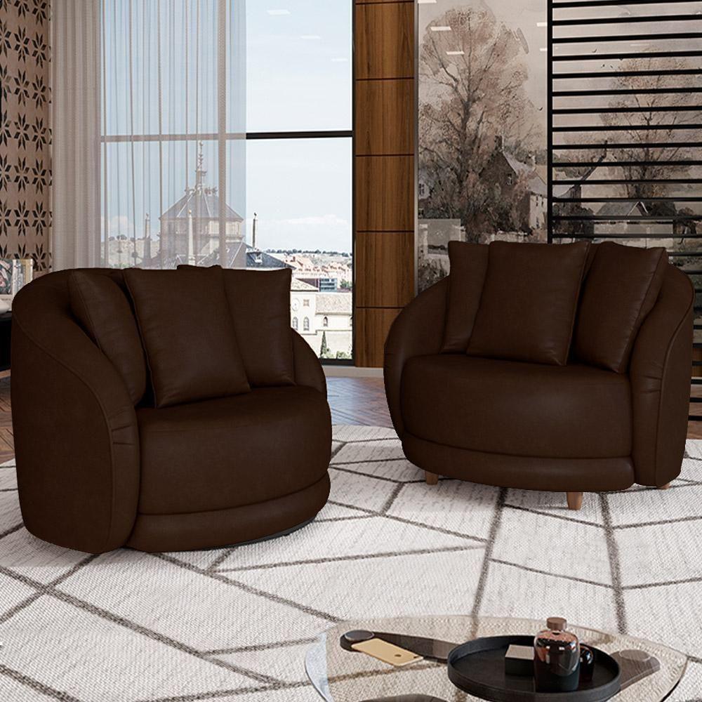 Kit 02 Poltronas Decorativa Sala De Estar Base Fixa De Madeira Witta M03 Corano Marrom - 5