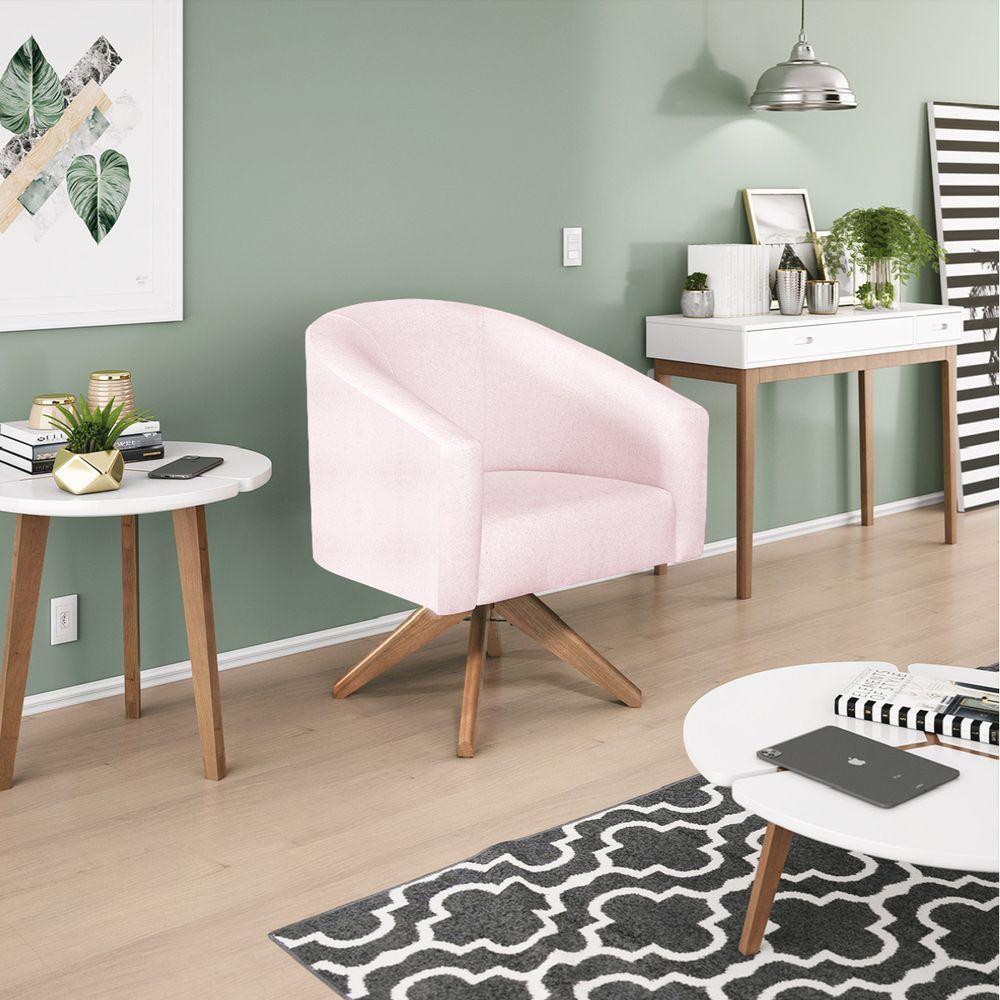 Kit 02 Poltronas Luiza Base Giratória De Madeira Suede Rosa Bebê - 9
