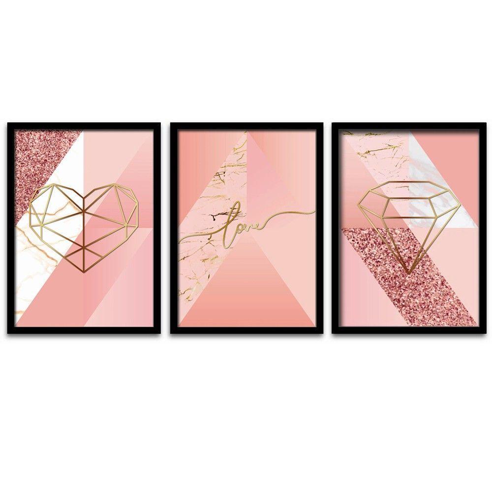 Conjunto Quadros Decorativos 3 peças MDF 20x30 Formas Rosa - 2