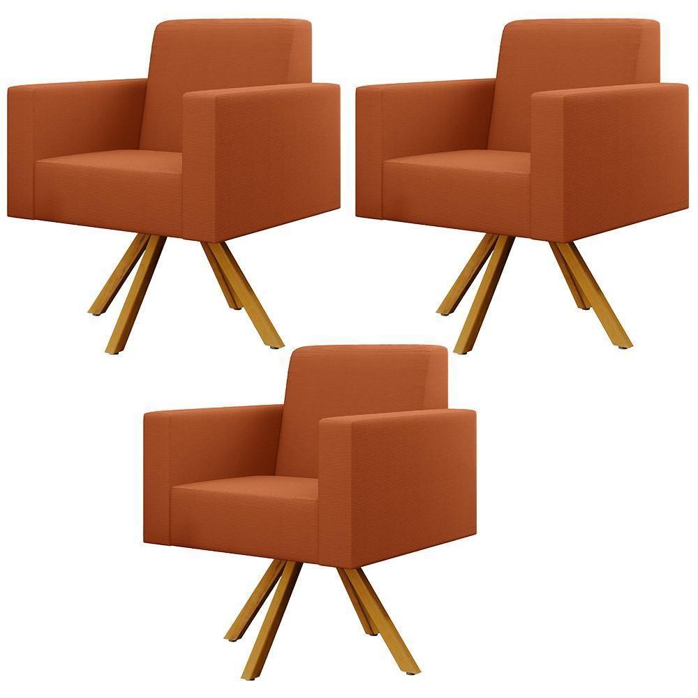 Kit 03 Poltronas Decorativa Base Giratória De Madeira Helô L02 Tecido Terracota - 1