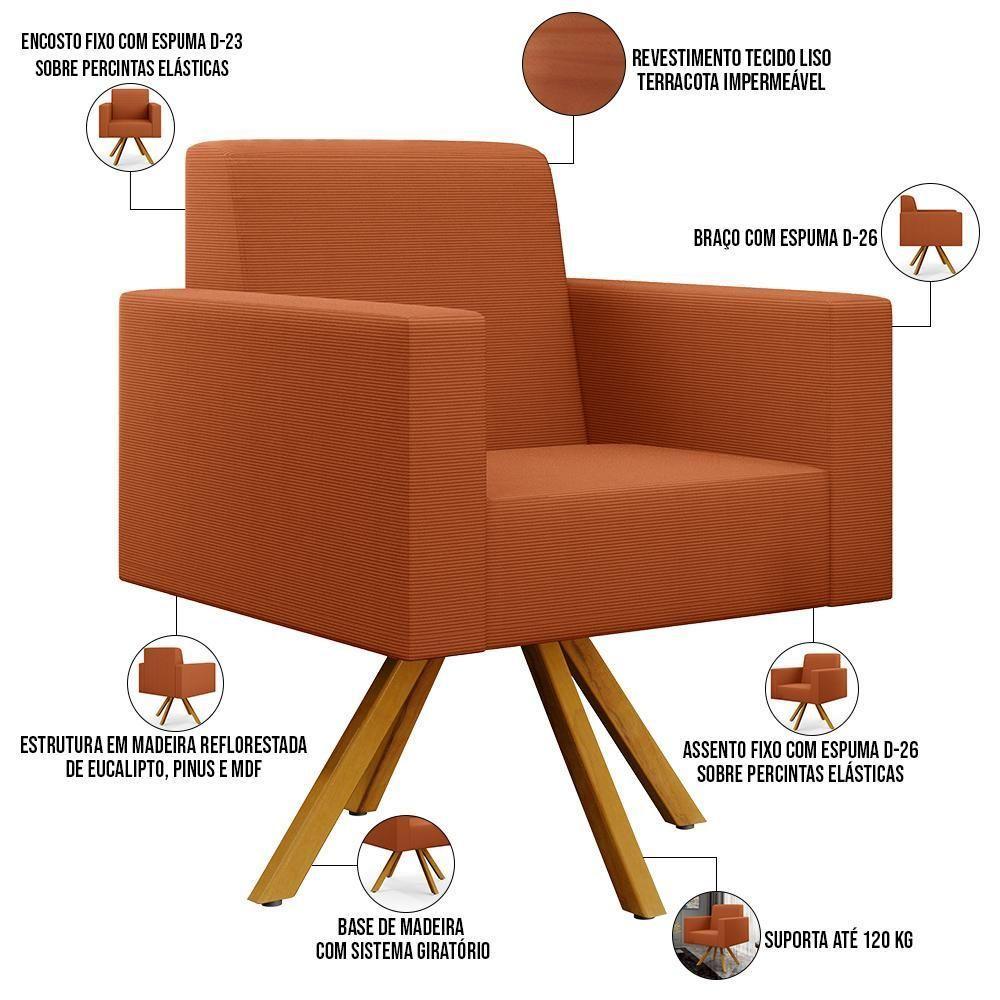 Kit 03 Poltronas Decorativa Base Giratória De Madeira Helô L02 Tecido Terracota - 2