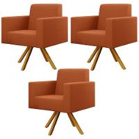 Kit 03 Poltronas Decorativa Base Giratória De Madeira Helô L02 Tecido Terracota - 1