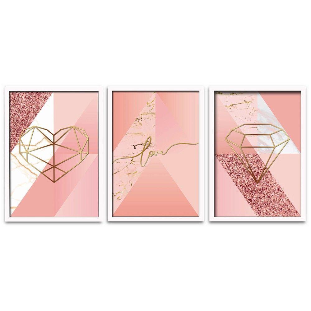 Conjunto Quadros Decorativos 3 peças MDF 20x30 Formas Rosa - 2