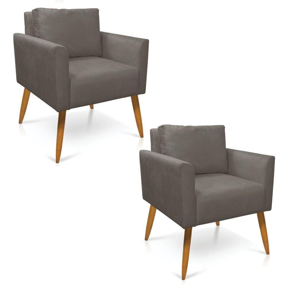 Kit 2 Poltronas Aline Suede Grafite Pés Palito Castanho - D'rossi - 1