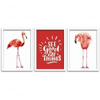 Kit 3 Quadros Mdf 20x30 Flamingos 2 Titulos Moldura Branca - 1