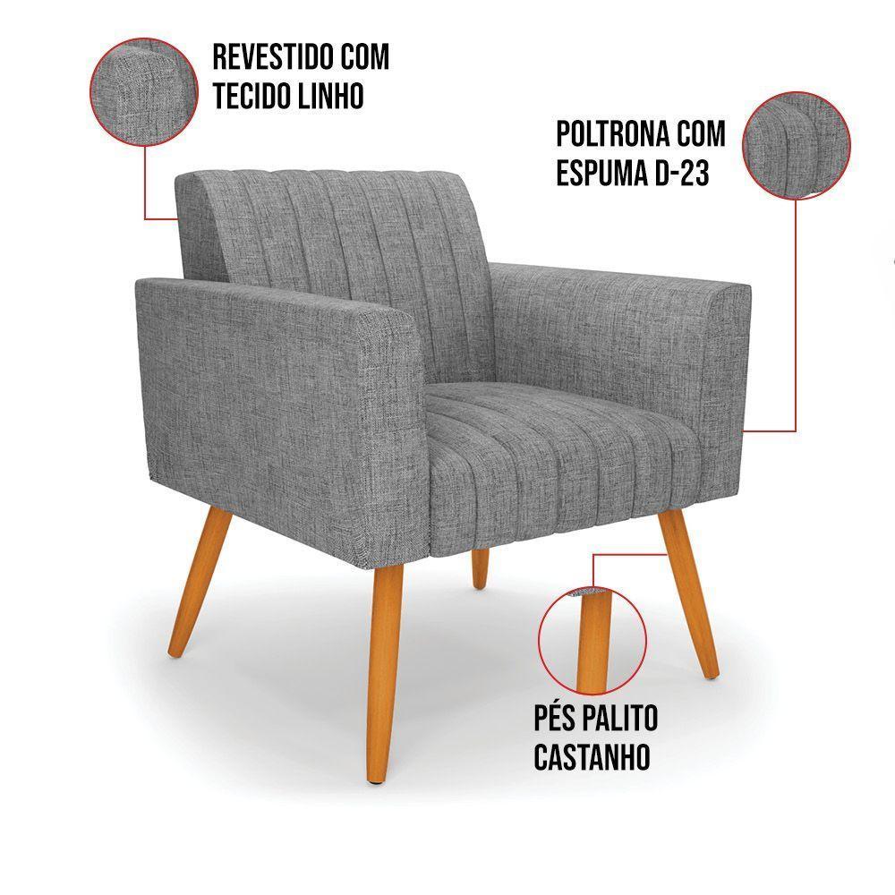 Kit 2 Poltronas Viena Gomada Linho Pés Palito Castanho - D'rossi Cor A26 Grafite - 4
