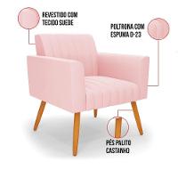 Kit 2 Poltronas Viena Gomada Suede Rosa Bebê Pés Palito Castanho - D'rossi