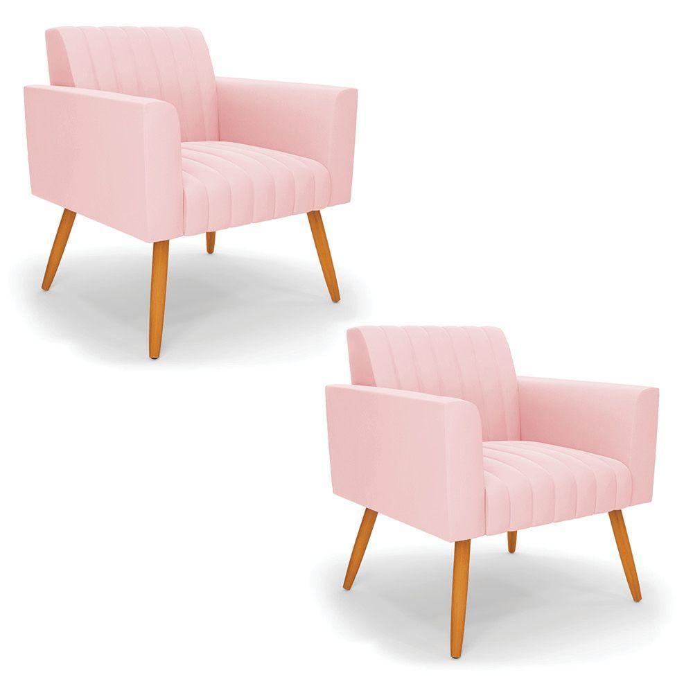 Kit 2 Poltronas Viena Gomada Suede Pés Palito Castanho - D'rossi Cor Rosa Bebê - 1