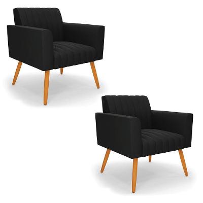Kit 2 Poltronas Viena Gomada Suede Preto Pés Palito Castanho - D'rossi