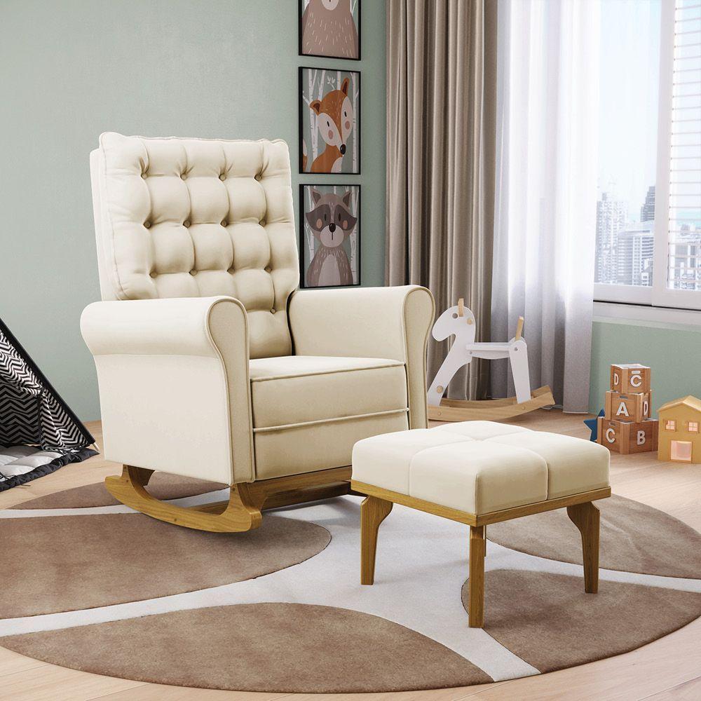 Poltrona De Amamentação Com Balanço E Puff Manu Veludo Base De Madeira - D'rossi Cor Bege - 8