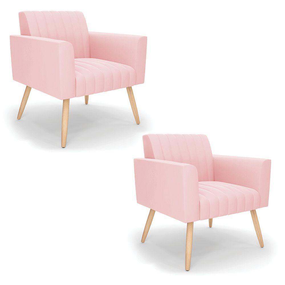 Kit 2 Poltronas Viena Gomada Suede Pés Palito Natural - D'rossi Cor Rosa Bebê - 1