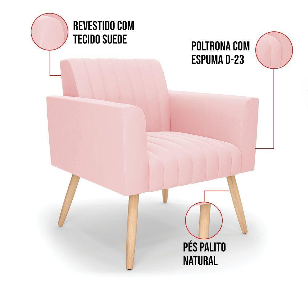 Kit 2 Poltronas Viena Gomada Suede Pés Palito Natural - D'rossi Cor Rosa Bebê - 4