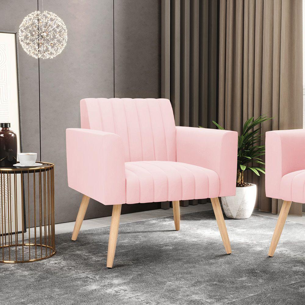 Kit 2 Poltronas Viena Gomada Suede Pés Palito Natural - D'rossi Cor Rosa Bebê - 8