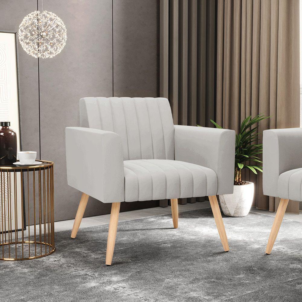 Kit 2 Poltronas Viena Gomada Veludo Cinza Pés Palito Natural - D'rossi - 7