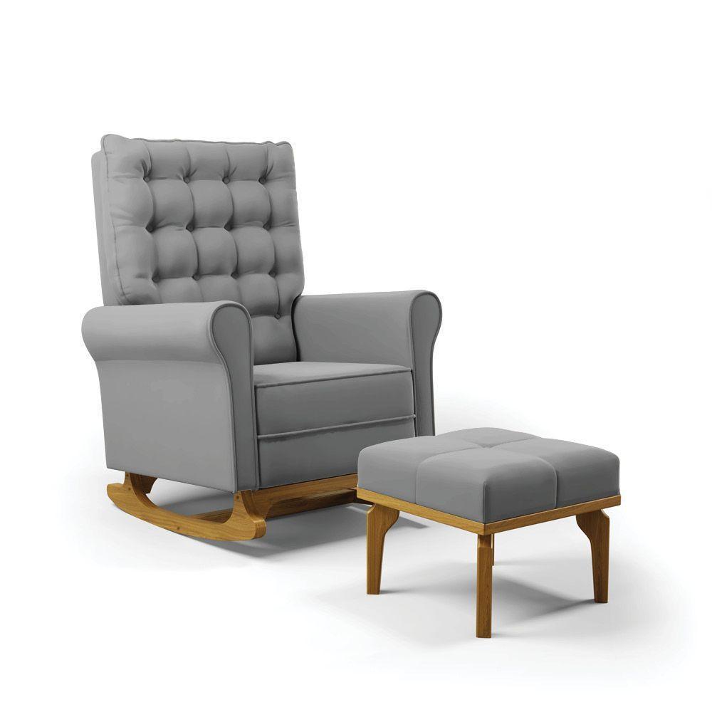 Poltrona De Amamentação Com Balanço E Puff Manu Veludo Base De Madeira - D'rossi Cor Cinza - 1