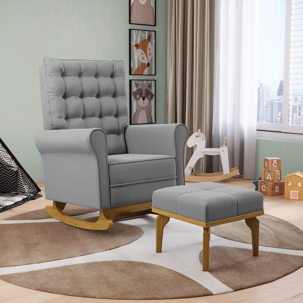 Poltrona De Amamentação Com Balanço E Puff Manu Veludo Base De Madeira - D'rossi Cor Cinza - 9