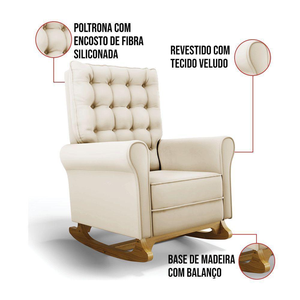 Poltrona De Amamentação Com Balanço E Puff Manu Veludo Bege Cor404 Base De Madeira - D'rossi - 3