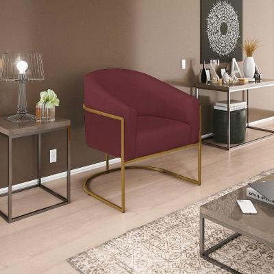 Poltrona Decorativa Luiza Base De Ferro Dourado Suede Bordô