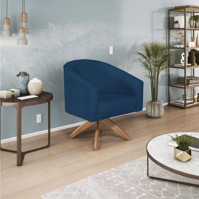 Poltrona Decorativa Luiza Base Giratória De Madeira Suede Azul Marinho
